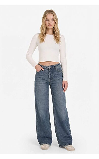 Düşük Bel Uzun Jean Yıkamalı Pantolon