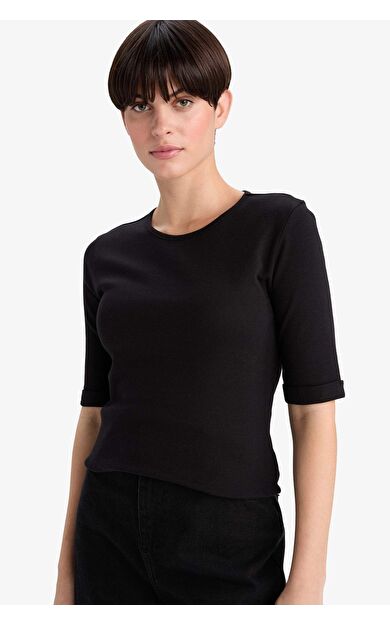 Slim Fit Dar Kesim Bisiklet Yaka Fitilli Kaşkorse Kısa Kollu Tişört G2534AX25AUBK81