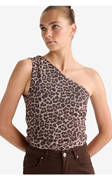 Slim Fit Dar Kesim Leopar Desenli Tek Omuzlu Tül Bluz