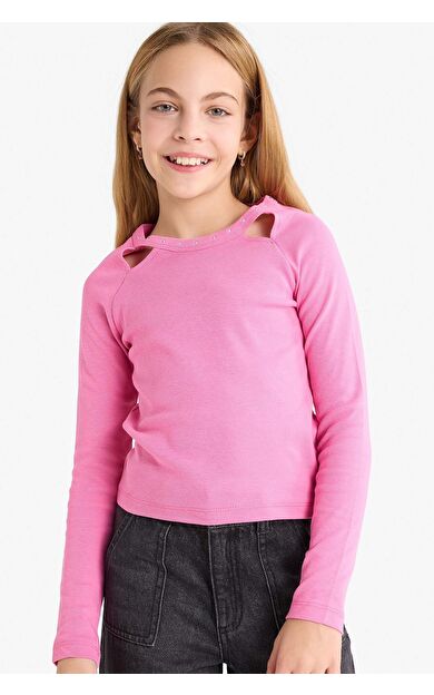 DeFacto Kız Çocuk Slim Fit Dar Kesim Taşlı Yaka Baskılı Fitilli Kaşkorse Uzun Kollu Tişört