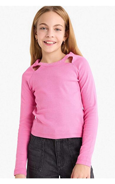 Kız Çocuk Slim Fit Dar Kesim Taşlı Yaka Baskılı Fitilli Kaşkorse Uzun Kollu Tişört