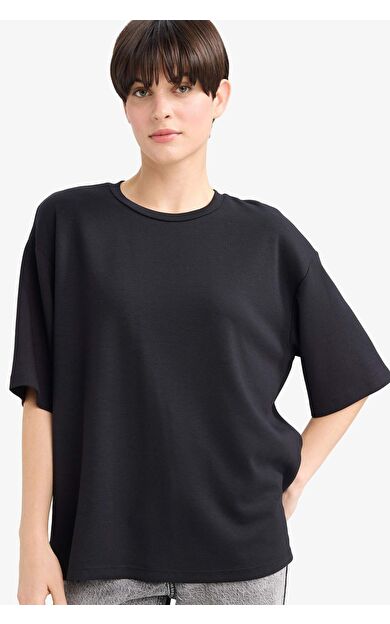 Relax Fit Bisiklet Yaka Basic Düz Kısa Kollu Tişört G2642AX25AUBK81