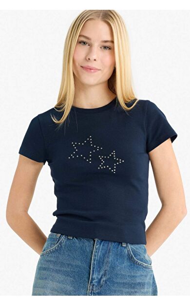 Fitted Yıldız Desenli Ribana Kısa Kollu Tişört