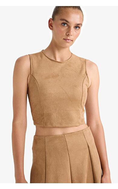 Bisiklet Yaka Süet Kolsuz Bluz