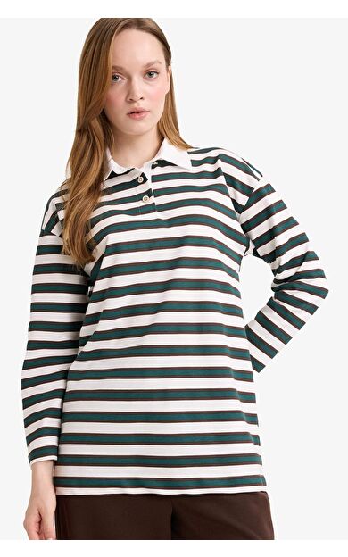 Regular Fit Polo Yaka Desenli İnce Sweatshirt Kumaşı Sweatshirt Tunik