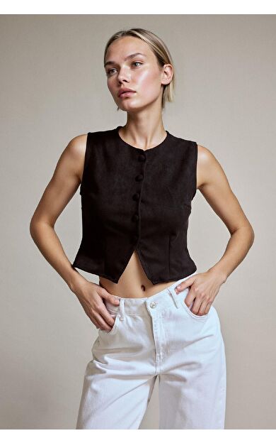 Düğmeli Crop Süet Yelek G2852AX25AUBK81