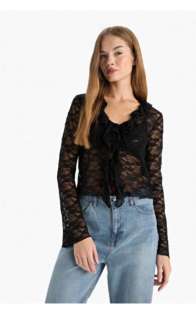 Fitted V Yaka Dantel Uzun Kollu Bluz G2868AX25AUBK81