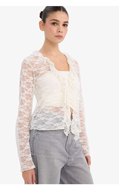 Fitted V Yaka Dantel Uzun Kollu Bluz G2868AX25AUWT32