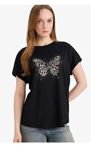 Bisiklet Yaka Kelebek Desenli Kısa Kollu Tişört