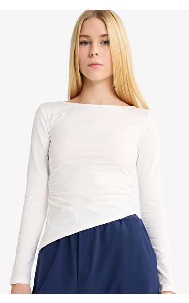 Fitted Bisiklet Yaka Ribana Uzun Kollu Tişört