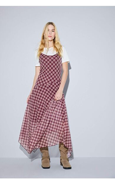 Coool V Yaka Kareli Tül Askılı Midi Elbise