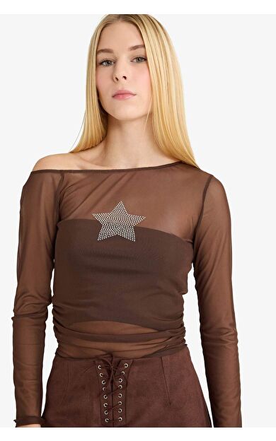 Coool Fitted Bisiklet Yaka Tül Uzun Kollu Tişört