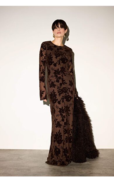 Skinny Fit Çiçek Desenli Tül Uzun Kollu Maxi Elbise