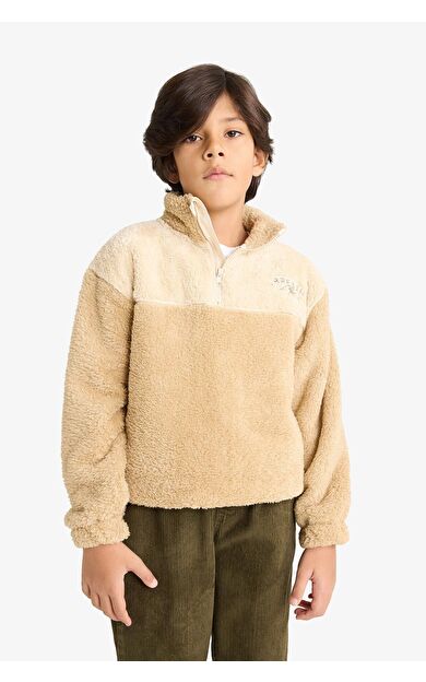 DeFacto Erkek Çocuk Regular Fit Fermuarlı Yaka Nakışlı Pelüş Sweatshirt