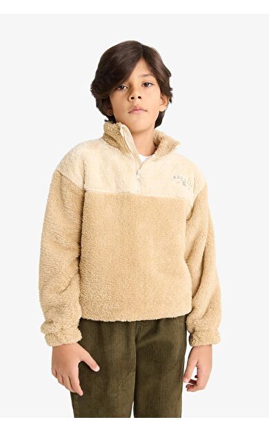 Erkek Çocuk Regular Fit Fermuarlı Yaka Nakışlı Pelüş Sweatshirt
