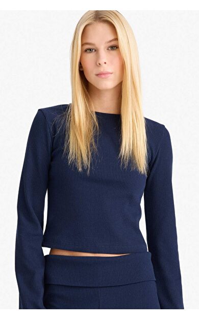 Fitted Bisiklet Yaka Fitilli Kaşkorse Uzun Kollu Tişört