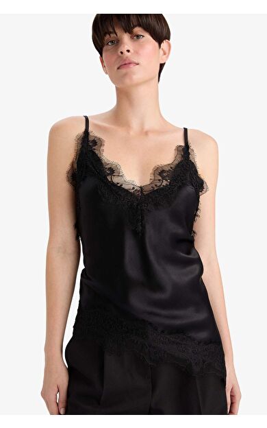 Regular Fit V Yaka Saten Kolsuz Bluz G2992AX25AUBK27