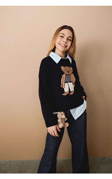 Kız Çocuk Regular Fit Bisiklet Yaka Kazak