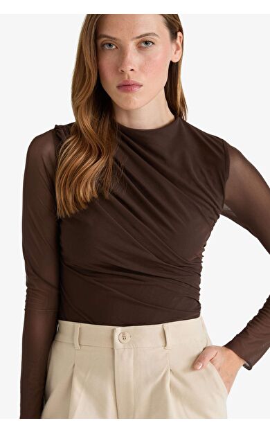 Slim Fit Dar Kesim Tül Uzun Kollu Tişört