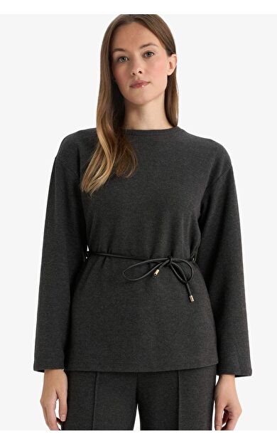 Regular Fit Bisiklet Yaka Selanik Kumaş Uzun Kollu Tişört