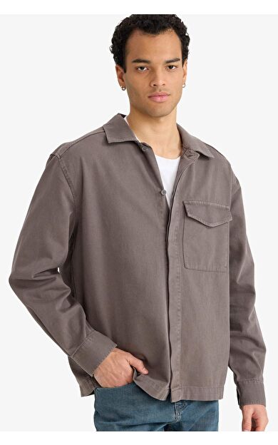 Boxy Fit Gömlek Yaka Gabardin Uzun Kollu Gömlek