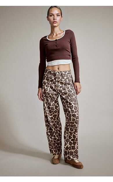 Baggy Fit Leopar Desenli Jean Pantolon