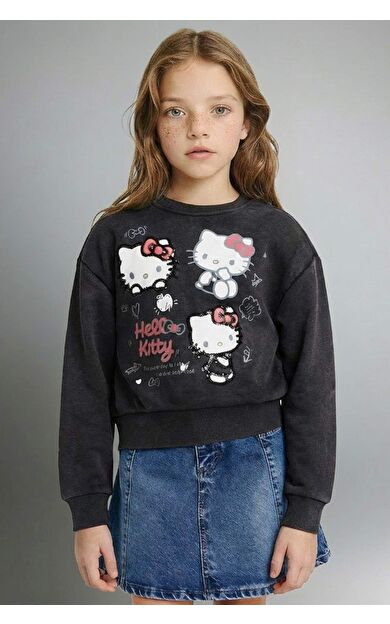 Kız Çocuk Hello Kitty Overshirt Fit Bisiklet Yaka Sweatshirt