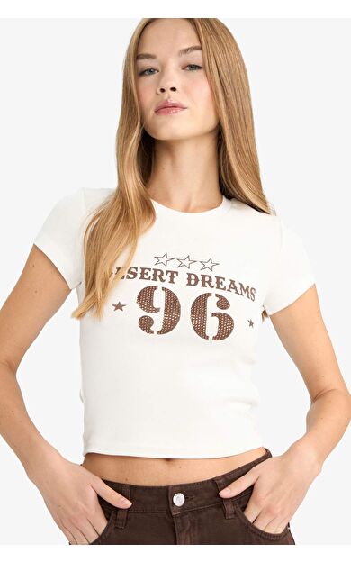 Fitted Bisiklet Yaka Baskılı Ribana Kısa Kollu Tişört G3266AX25WNWT32