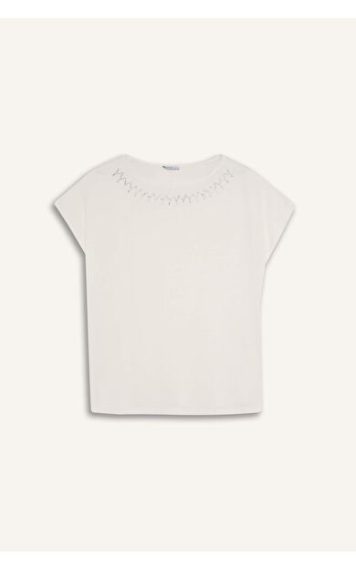 Kayık Yaka Taş Baskılı Kısa Kollu Tişört