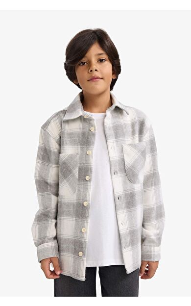 Erkek Çocuk Oversize Geniş Kalıp Polo Yaka Ekose Desenli Flanel Uzun Kollu Gömlek
