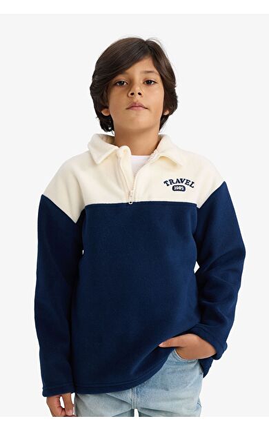 DeFacto Erkek Çocuk Oversize Geniş Kalıp Polo Yaka Baskılı Polar Sweatshirt