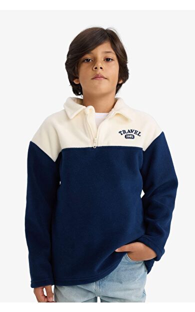 Erkek Çocuk Oversize Geniş Kalıp Polo Yaka Baskılı Polar Sweatshirt