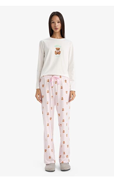 Pijama Takımı Regular Fit Ayı Baskılı Uzun Kollu Üst Desenli Uzun Alt-Fall in Love