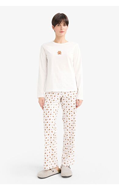 DeFacto Pijama Takımı Regular Fit Baskılı Uzun Kollu Üst Desenli Uzun Alt-Fall in Love