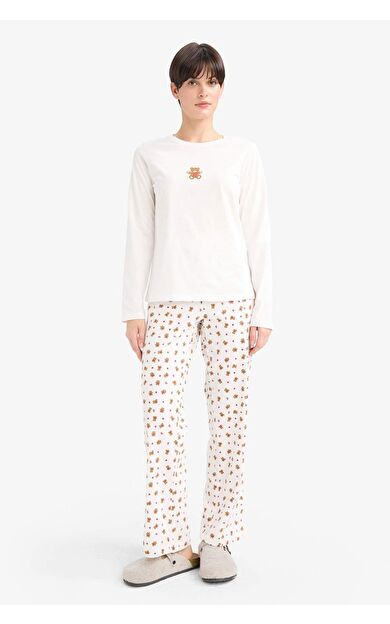 DeFacto Pijama Takımı Regular Fit Baskılı Uzun Kollu Üst Desenli Uzun Alt-Fall in Love