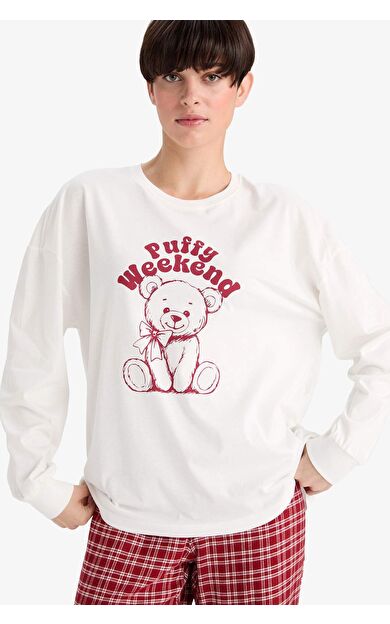 Regular Fit Bisiklet Yaka Baskılı Uzun Kollu Pijama Üstü-Fall in Love