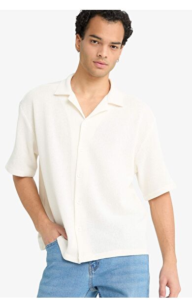 Boxy Fit Polo Yaka Penye Kısa Kollu Gömlek