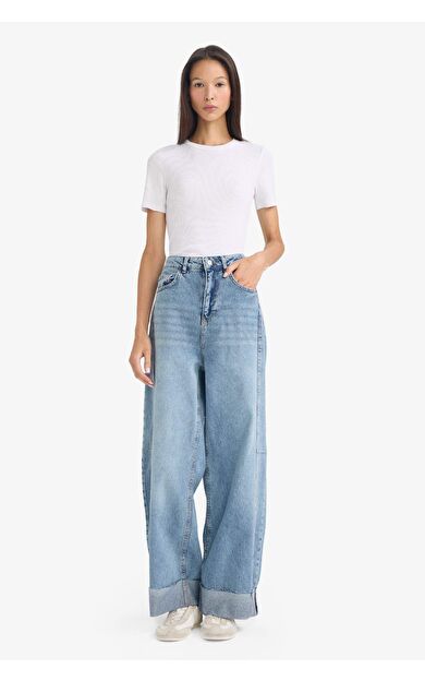 Barrel Fit Yüksek Bel Uzun Jean Yıkamalı Pantolon