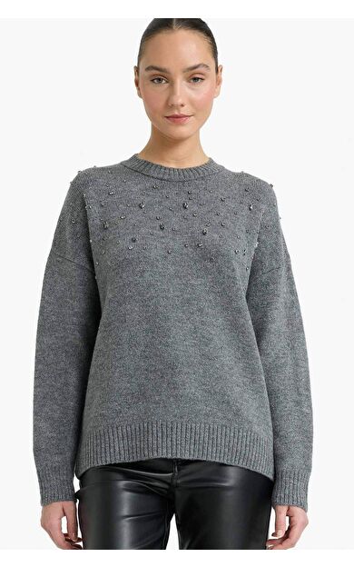 Oversize Geniş Kalıp Bisiklet Yaka İşlemeli Triko Kazak