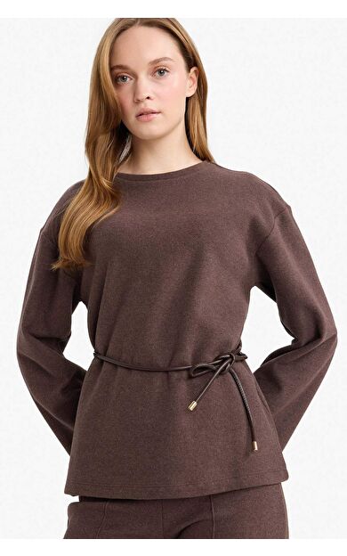 Regular Fit Bisiklet Yaka Selanik Bağlamalı Uzun Kollu Tişört