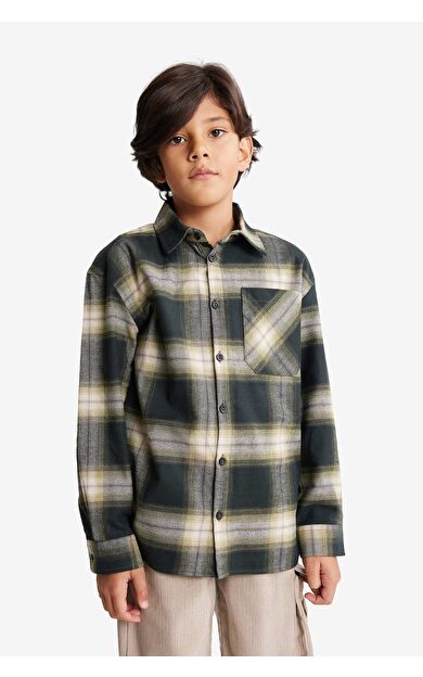 DeFacto Erkek Çocuk Oversize Geniş Kalıp Polo Yaka Kareli Flanel Uzun Kollu Gömlek