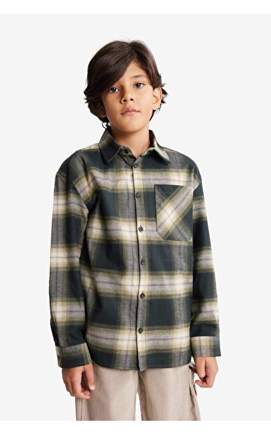 Erkek Çocuk Oversize Geniş Kalıp Polo Yaka Kareli Flanel Uzun Kollu Gömlek
