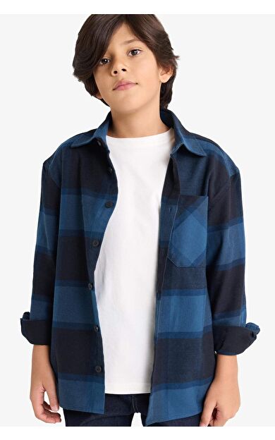 Erkek Çocuk Oversize Geniş Kalıp Polo Yaka Kareli Flanel Uzun Kollu Gömlek