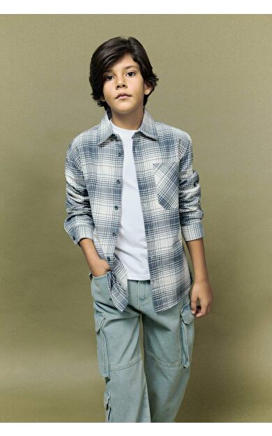 Erkek Çocuk Oversize Geniş Kalıp Polo Yaka Kareli Flanel Uzun Kollu Gömlek