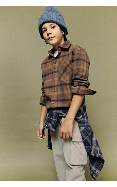 Erkek Çocuk Oversize Geniş Kalıp Polo Yaka Kareli Flanel Uzun Kollu Gömlek