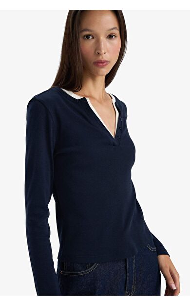 Slim Fit Dar Kesim Düğmeli Yaka Ribana Uzun Kollu Tişört