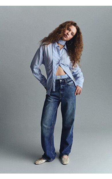 Wide Leg Yüksek Bel Uzun Jean Yıkamalı Pantolon