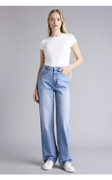 Straıght Fıt Yüksek Bel Uzun Jean Yıkamalı Pantolon