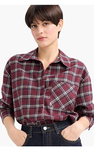 Overshirt Fit Gömlek Yaka Kareli Flanel Uzun Kollu Gömlek