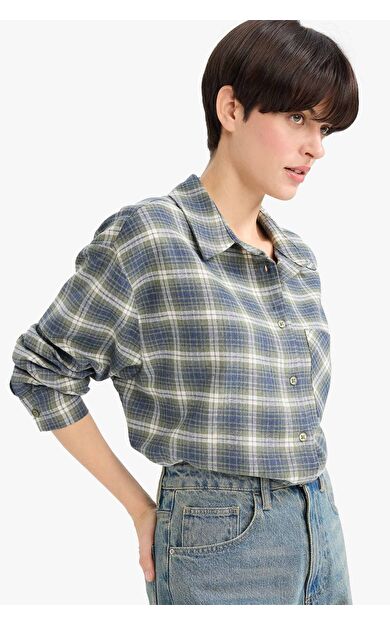 DeFacto Overshirt Fit Gömlek Yaka Kareli Flanel Uzun Kollu Gömlek
